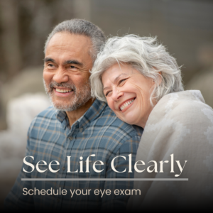 Older couple gazing outward with text to see life clearly. Vision related